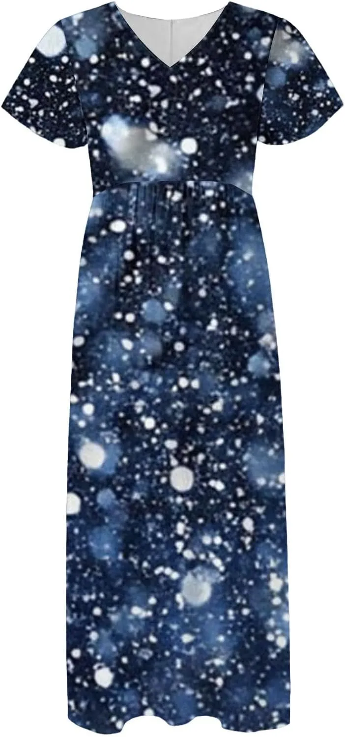 Women's Summer Long Dress Short Sleeve V-Neck Boho Floral Printed Flowy Swing Sundress Wedding Guest Loose Dresses