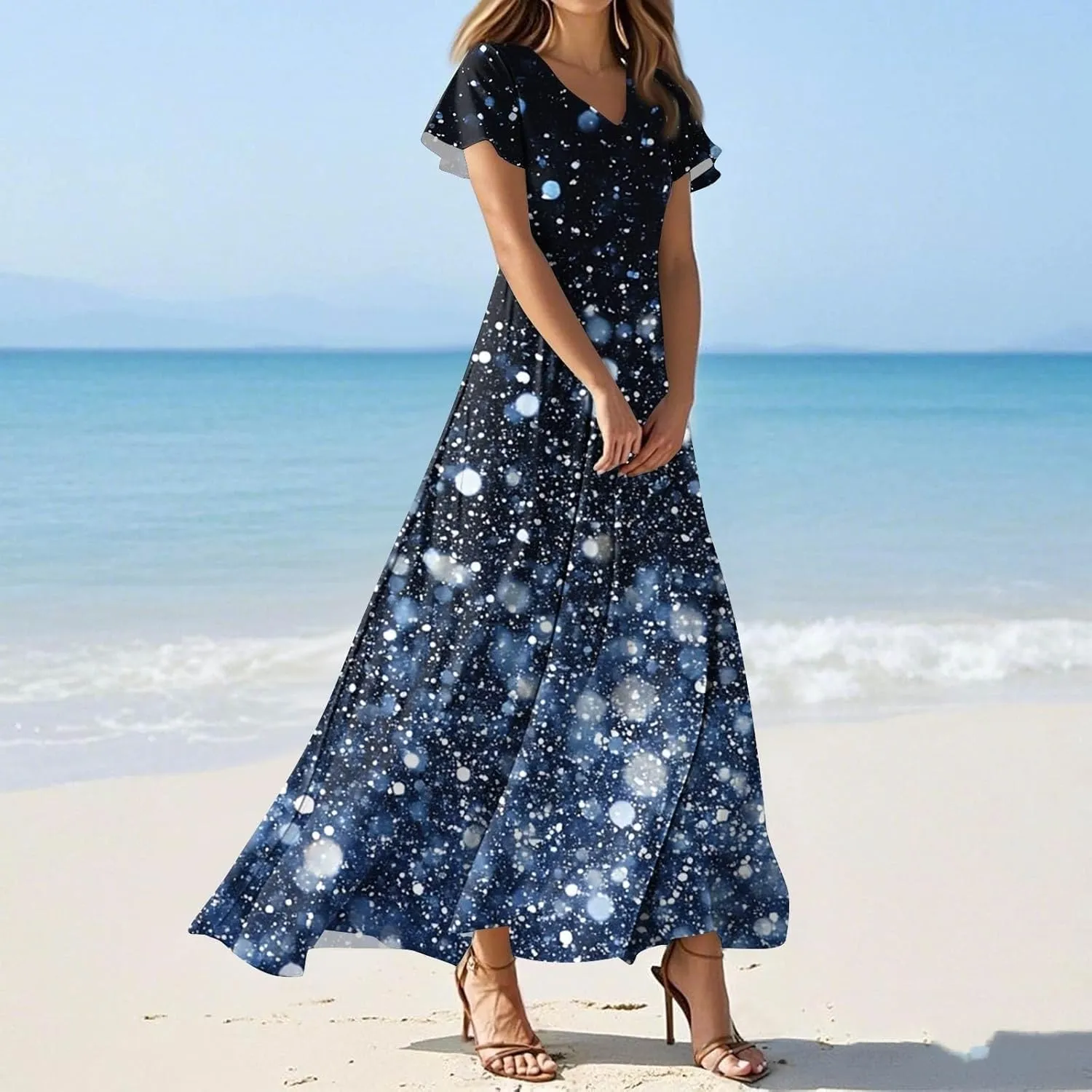Women's Summer Long Dress Short Sleeve V-Neck Boho Floral Printed Flowy Swing Sundress Wedding Guest Loose Dresses