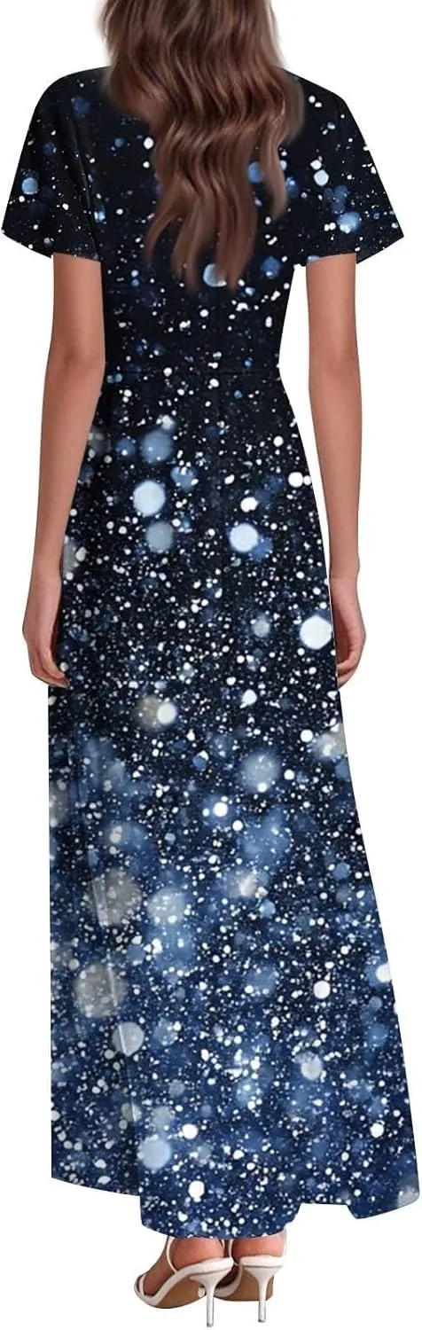 Women's Summer Long Dress Short Sleeve V-Neck Boho Floral Printed Flowy Swing Sundress Wedding Guest Loose Dresses