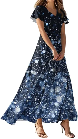 Women's Summer Long Dress Short Sleeve V-Neck Boho Floral Printed Flowy Swing Sundress Wedding Guest Loose Dresses