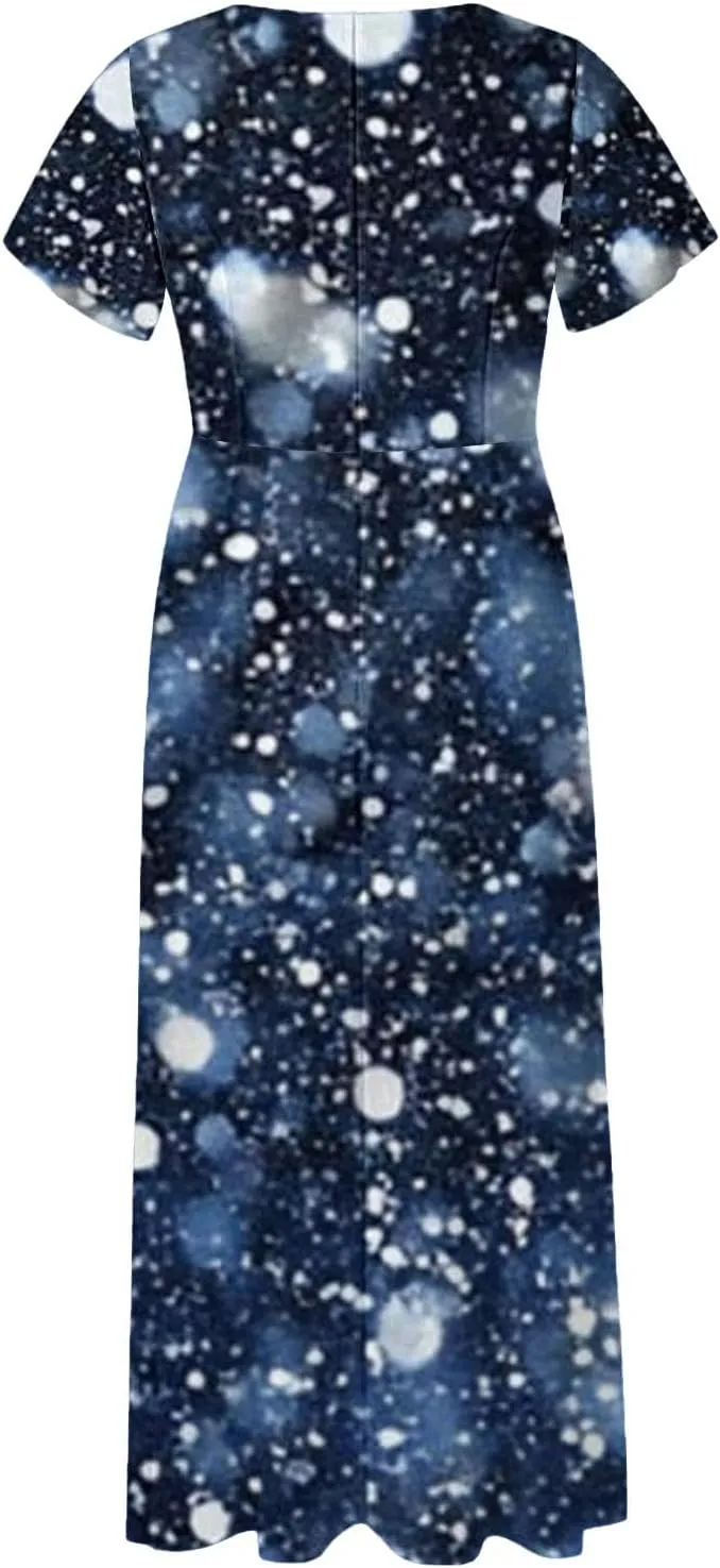Women's Summer Long Dress Short Sleeve V-Neck Boho Floral Printed Flowy Swing Sundress Wedding Guest Loose Dresses