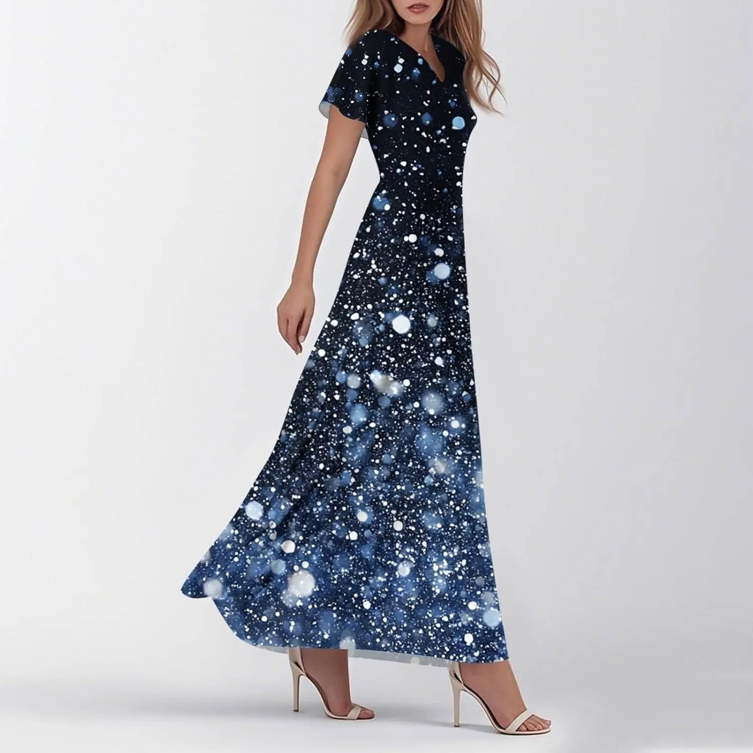 Women's Summer Long Dress Short Sleeve V-Neck Boho Floral Printed Flowy Swing Sundress Wedding Guest Loose Dresses