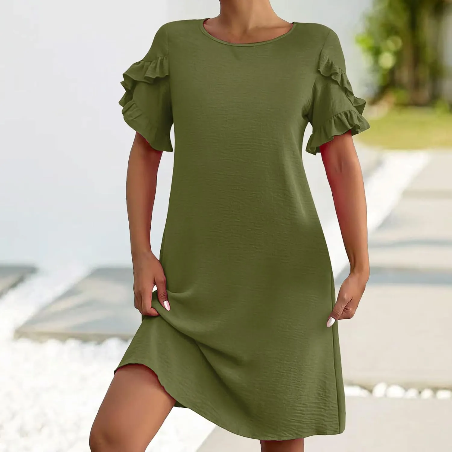 Womens Summer Mini Dress Crewneck Petal Short Sleeve A-Line Shift Dressr Casual Beach Sundress with Pockets 2025