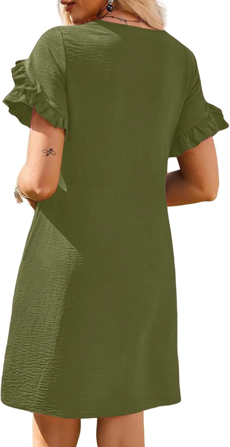 Womens Summer Mini Dress Crewneck Petal Short Sleeve A-Line Shift Dressr Casual Beach Sundress with Pockets 2025