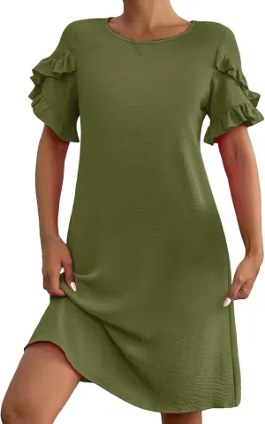 Womens Summer Mini Dress Crewneck Petal Short Sleeve A-Line Shift Dressr Casual Beach Sundress with Pockets 2025