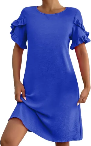 Womens Summer Mini Dress Crewneck Petal Short Sleeve A-Line Shift Dressr Casual Beach Sundress with Pockets 2025