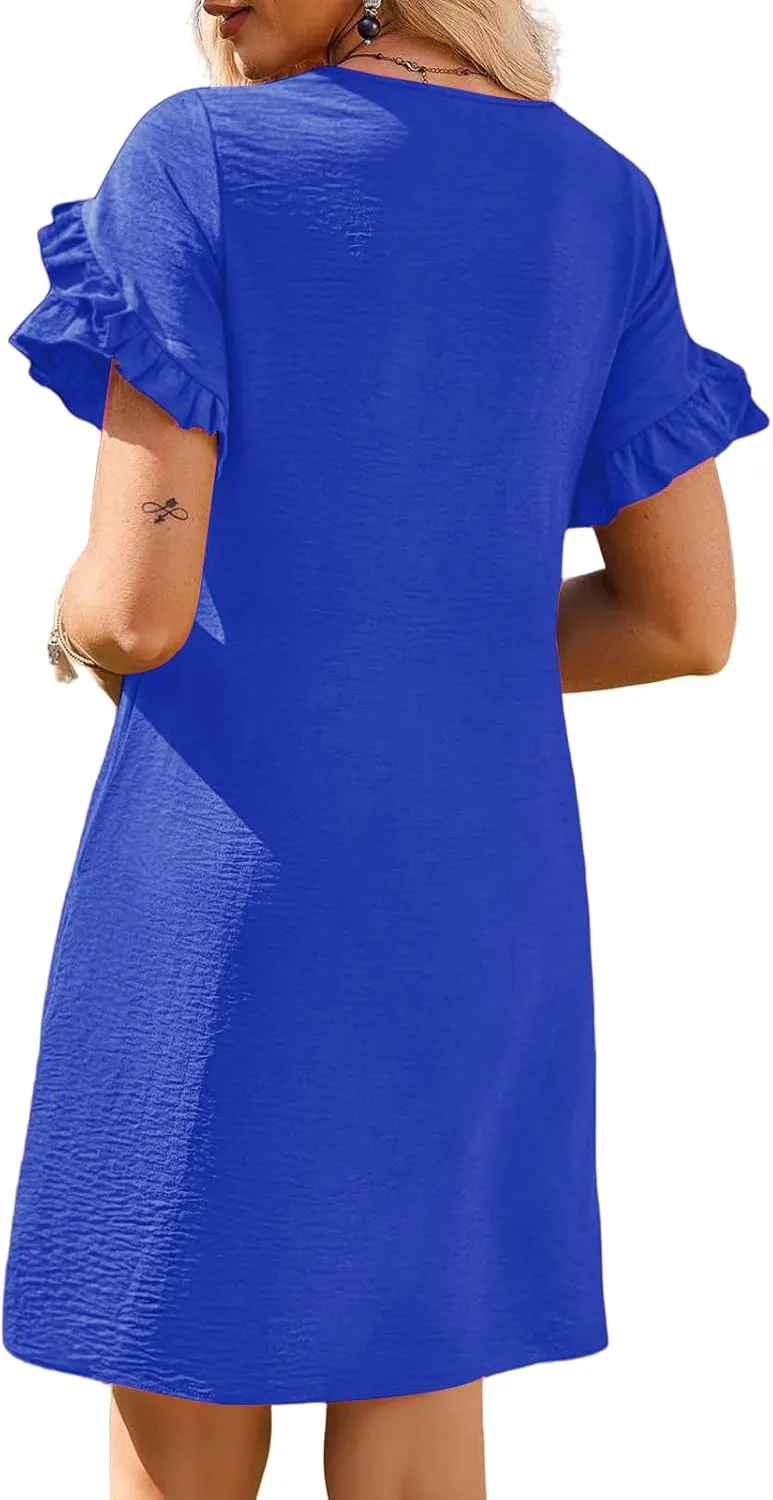 Womens Summer Mini Dress Crewneck Petal Short Sleeve A-Line Shift Dressr Casual Beach Sundress with Pockets 2025