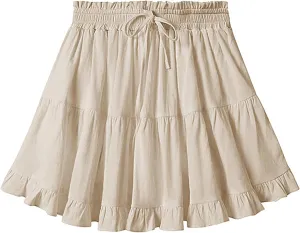 Womens Summer Ruffle Flowy Tiered Skirt Cute High Waist Beach Boho Vacation Tennis Skirts Built-in Shorts Retro Skort