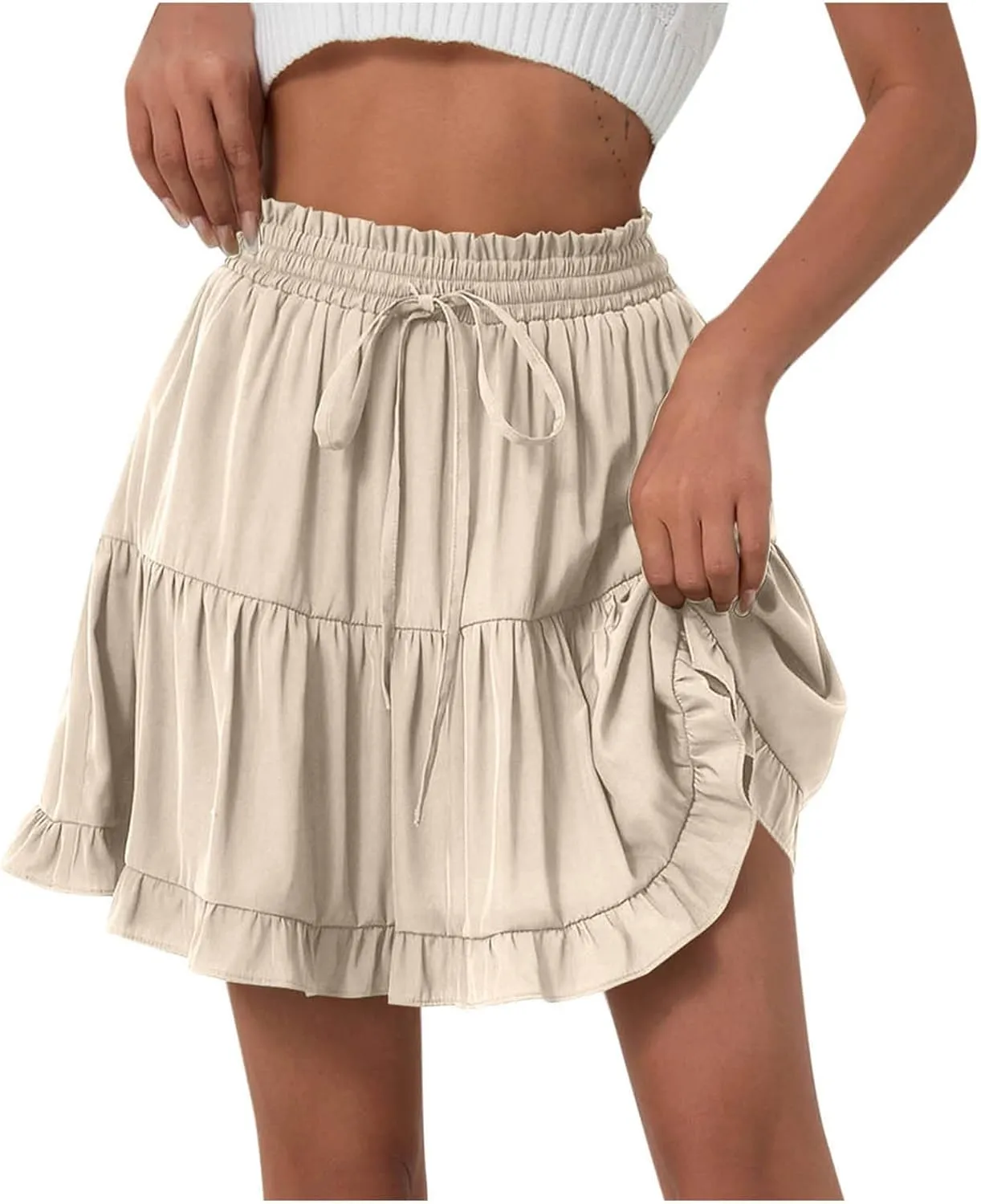 Womens Summer Ruffle Flowy Tiered Skirt Cute High Waist Beach Boho Vacation Tennis Skirts Built-in Shorts Retro Skort