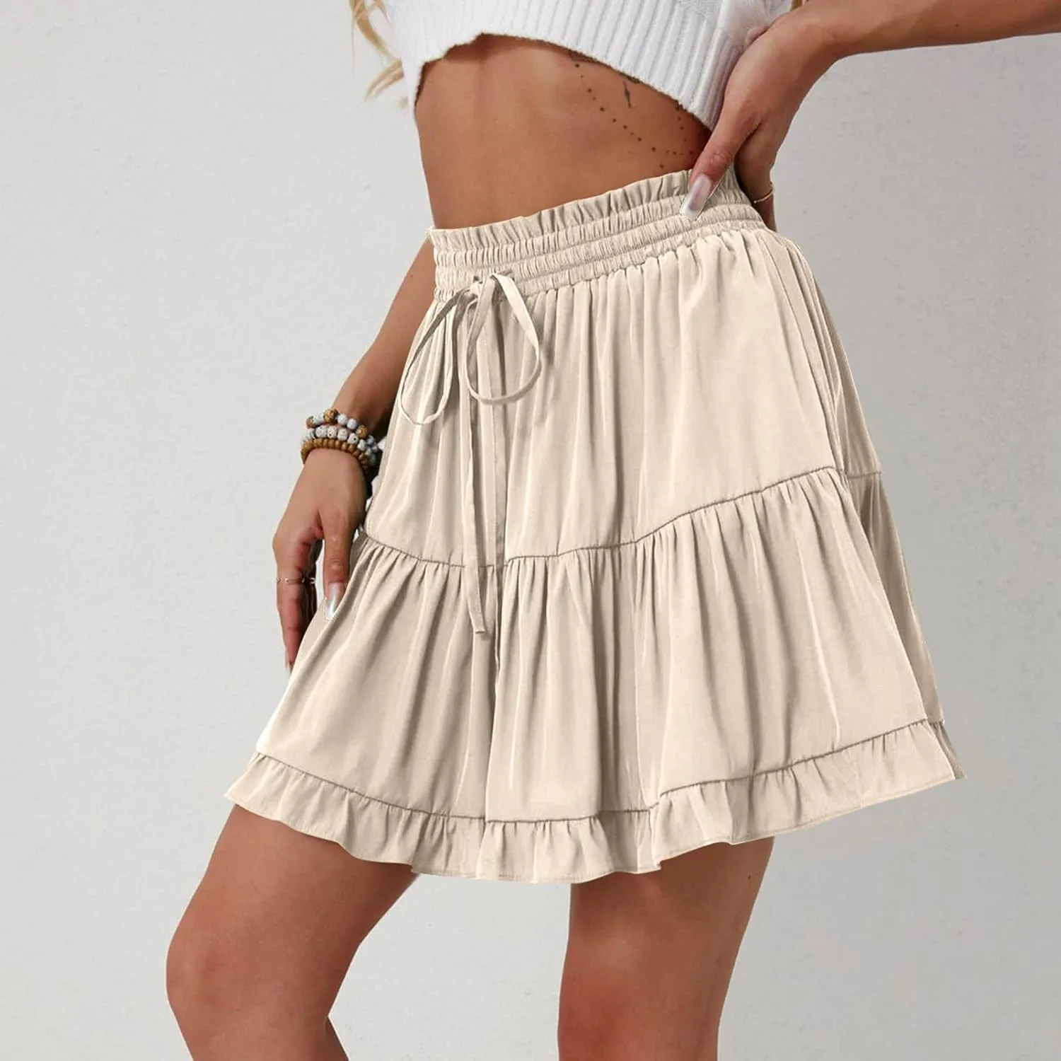 Womens Summer Ruffle Flowy Tiered Skirt Cute High Waist Beach Boho Vacation Tennis Skirts Built-in Shorts Retro Skort