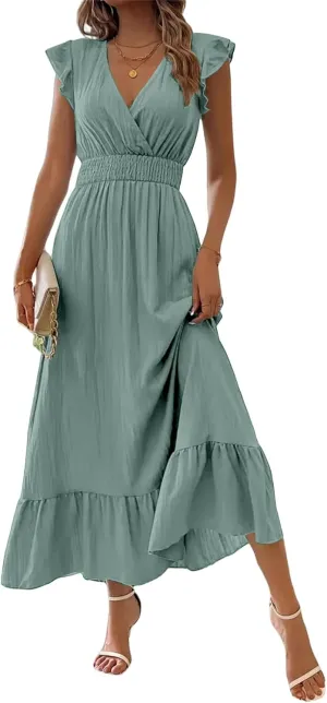 Womens Summer Tank Dresses Fashion V Neck Ruffle Cap Sleeve Maxi Dress Flowy Casual Tunic Ruffle Hem Beach Sundress