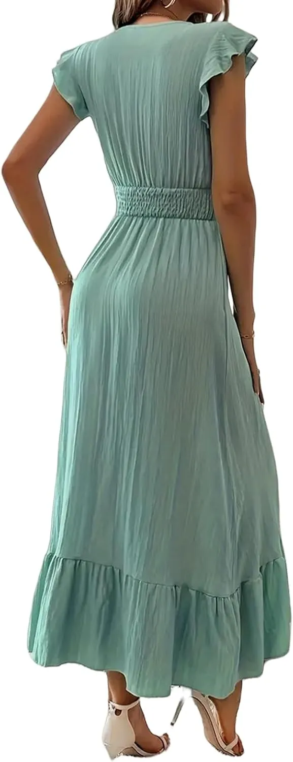 Womens Summer Tank Dresses Fashion V Neck Ruffle Cap Sleeve Maxi Dress Flowy Casual Tunic Ruffle Hem Beach Sundress