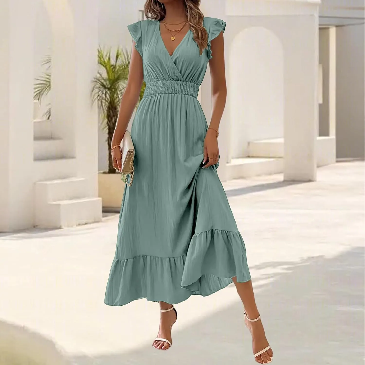 Womens Summer Tank Dresses Fashion V Neck Ruffle Cap Sleeve Maxi Dress Flowy Casual Tunic Ruffle Hem Beach Sundress