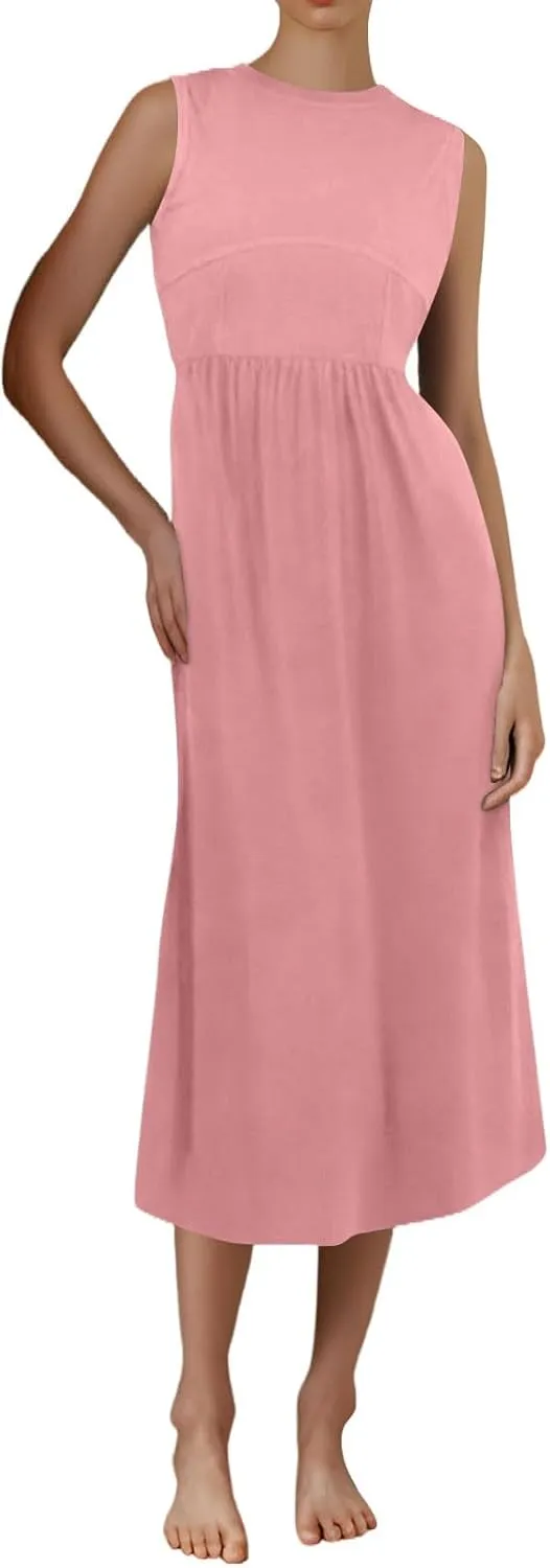 Womens Sundress Tank Top Summer Boho Dress Pleated Wrap Dress Plus Size Sleeveless Western Ruched Dresses with Pockets