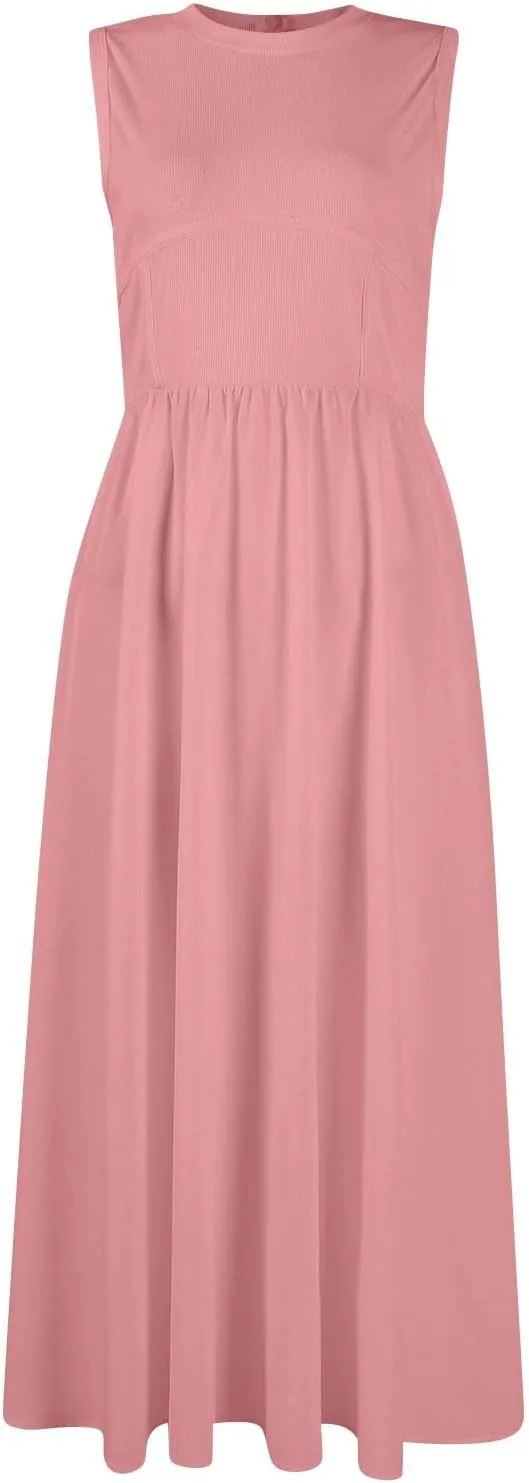 Womens Sundress Tank Top Summer Boho Dress Pleated Wrap Dress Plus Size Sleeveless Western Ruched Dresses with Pockets