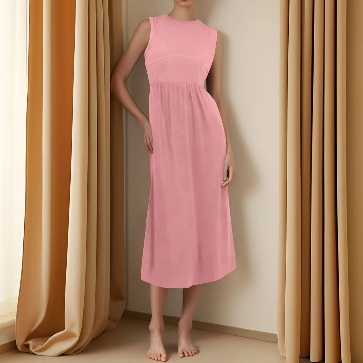 Womens Sundress Tank Top Summer Boho Dress Pleated Wrap Dress Plus Size Sleeveless Western Ruched Dresses with Pockets