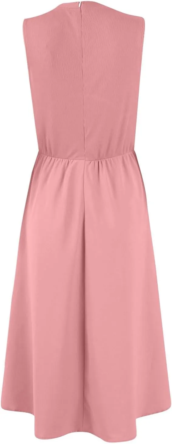 Womens Sundress Tank Top Summer Boho Dress Pleated Wrap Dress Plus Size Sleeveless Western Ruched Dresses with Pockets