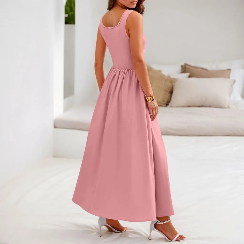 Womens Sundress Tank Top Summer Boho Dress Pleated Wrap Dress Plus Size Sleeveless Western Ruched Dresses with Pockets