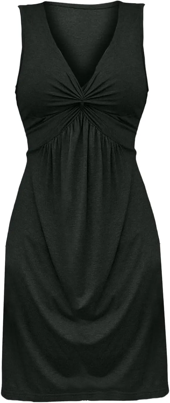 Women's Twist Front V Neck Tank A Line Dress Ruffle Summer Elegant Sleeveless Club Party Tunic Bodycon Mini Sundress