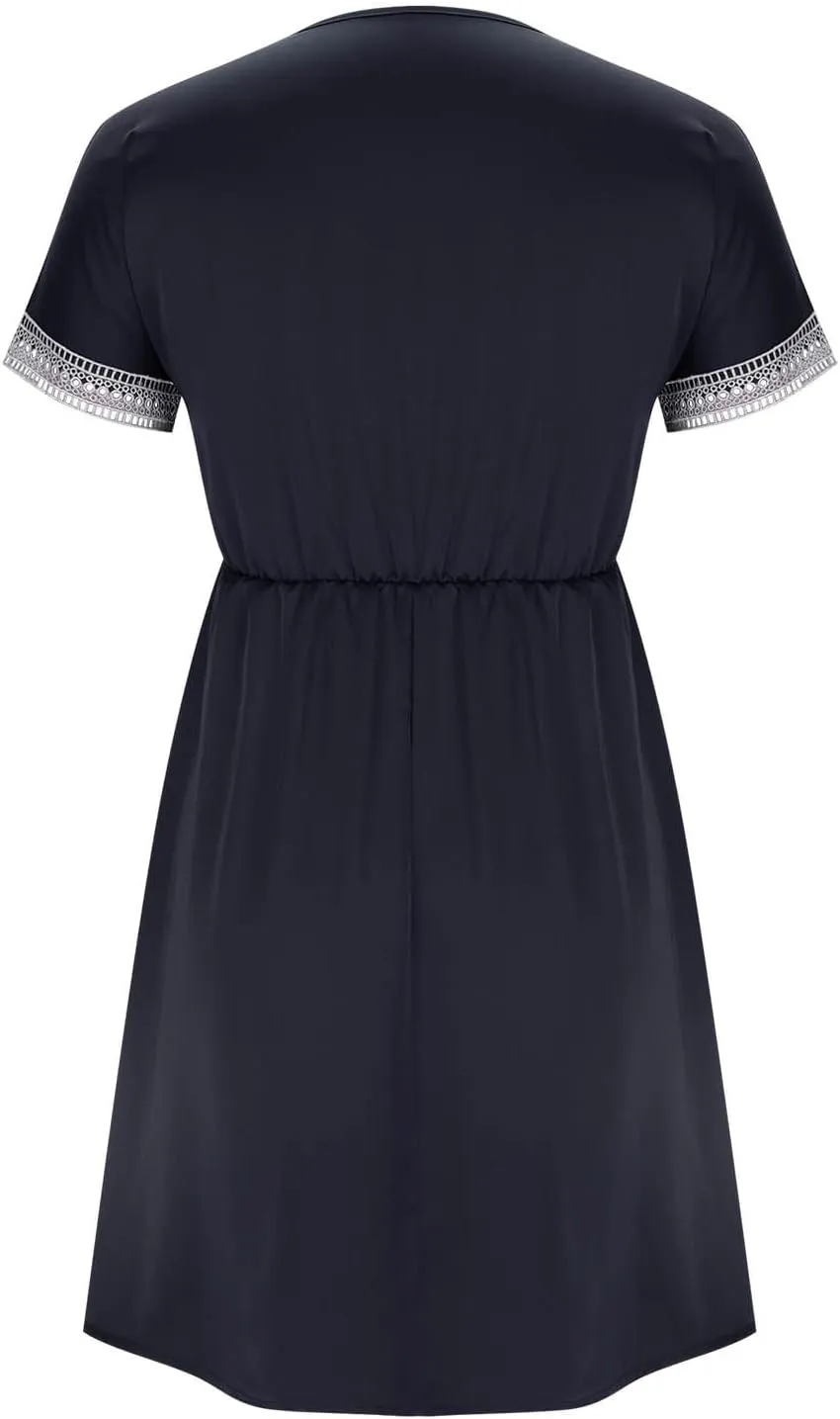 Womens V Neck Shirt Dresses Short Sleeve Solid Color Casual Dress Loose Fit Flowy Shift Dress