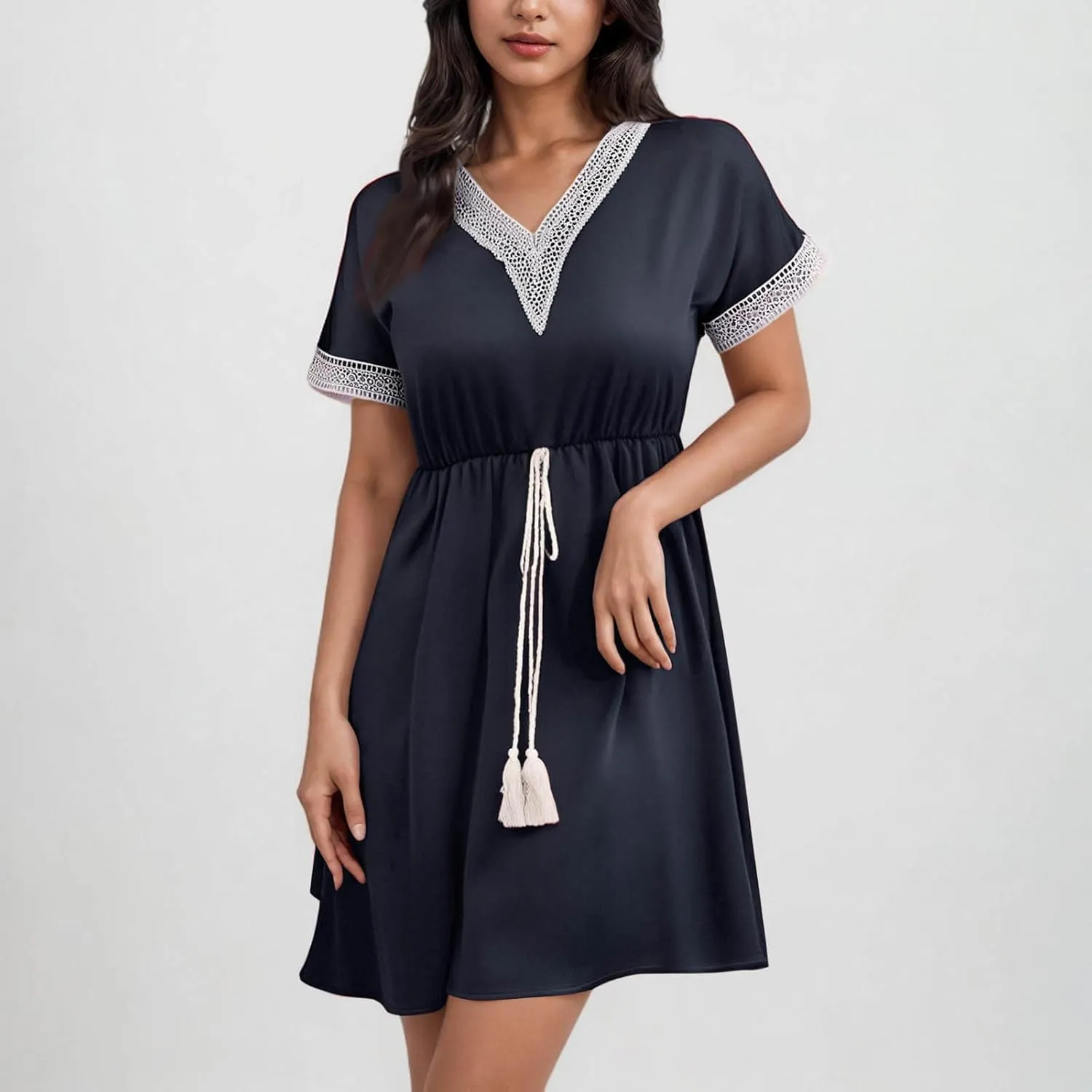 Womens V Neck Shirt Dresses Short Sleeve Solid Color Casual Dress Loose Fit Flowy Shift Dress