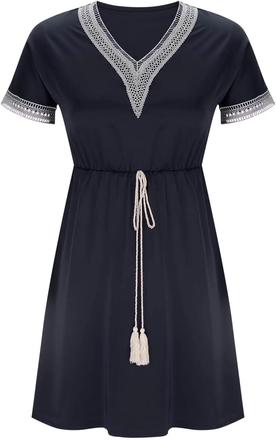 Womens V Neck Shirt Dresses Short Sleeve Solid Color Casual Dress Loose Fit Flowy Shift Dress