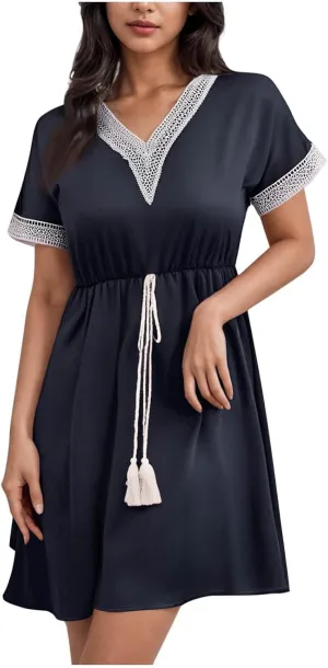 Womens V Neck Shirt Dresses Short Sleeve Solid Color Casual Dress Loose Fit Flowy Shift Dress