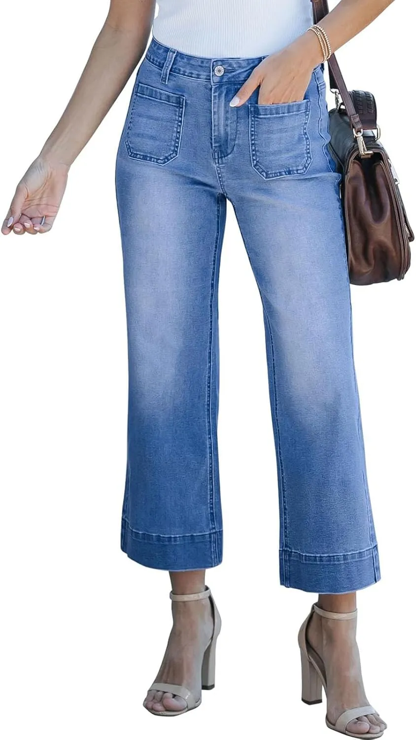 Women's Wide Leg Jeans Trendy Cropped Flare Jeans High Waisted Denim Pants Stretchy Baggy with Patch Pockets for Women Blue