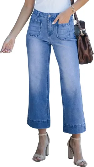Women's Wide Leg Jeans Trendy Cropped Flare Jeans High Waisted Denim Pants Stretchy Baggy with Patch Pockets for Women Blue