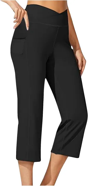 Womens Wide Leg Yoga Capris Pants High Waist Capri Pants Casual Loose Lounge Sweatpants with Pockets