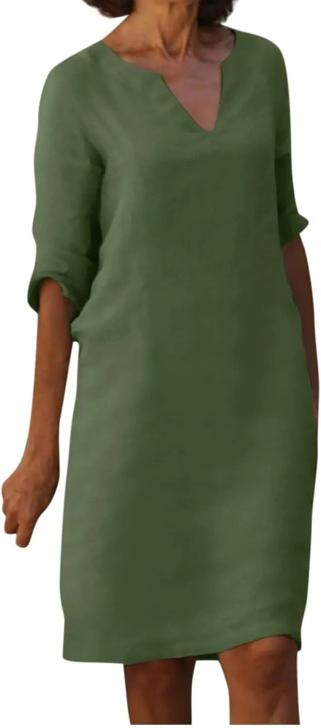 Work Dresses for Women 2025 Linen Shirt Dress Holiday Shift V Neck Short Sleeve Solid Color Casual Flowy Summer Dress