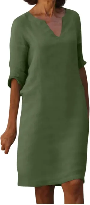 Work Dresses for Women 2025 Linen Shirt Dress Holiday Shift V Neck Short Sleeve Solid Color Casual Flowy Summer Dress