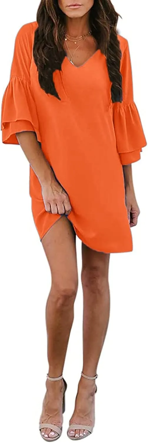 WUAI Summer Dresses for Women Short Sleeve Loose Pleated Loose Swing Casual Flare Shift Dress