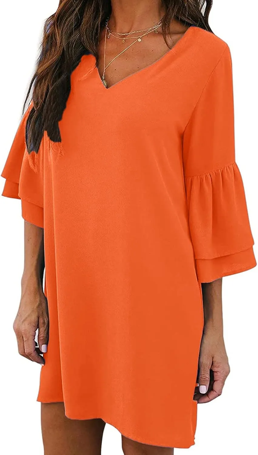 WUAI Summer Dresses for Women Short Sleeve Loose Pleated Loose Swing Casual Flare Shift Dress