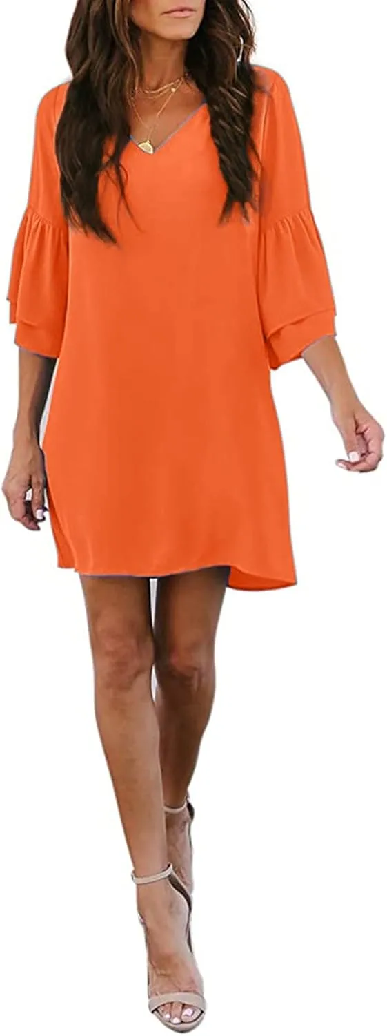 WUAI Summer Dresses for Women Short Sleeve Loose Pleated Loose Swing Casual Flare Shift Dress