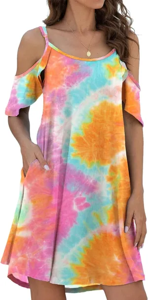 WUAI Women's Summer Casual Spaghetti Strap Sundress Casual Off Shoulder Ruffle Sleeves Shift Loose Mini Dress with Pockets