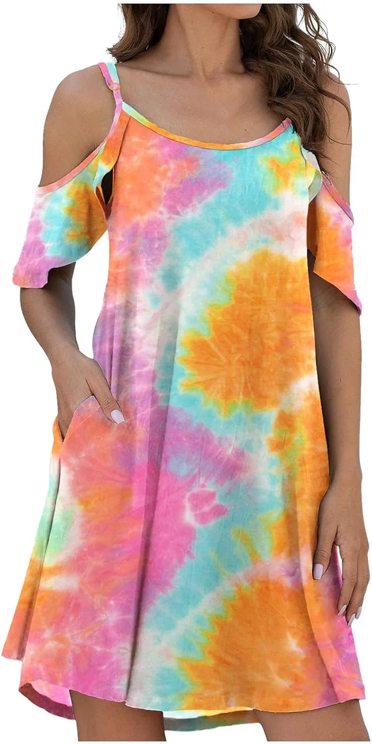 WUAI Women's Summer Casual Spaghetti Strap Sundress Casual Off Shoulder Ruffle Sleeves Shift Loose Mini Dress with Pockets