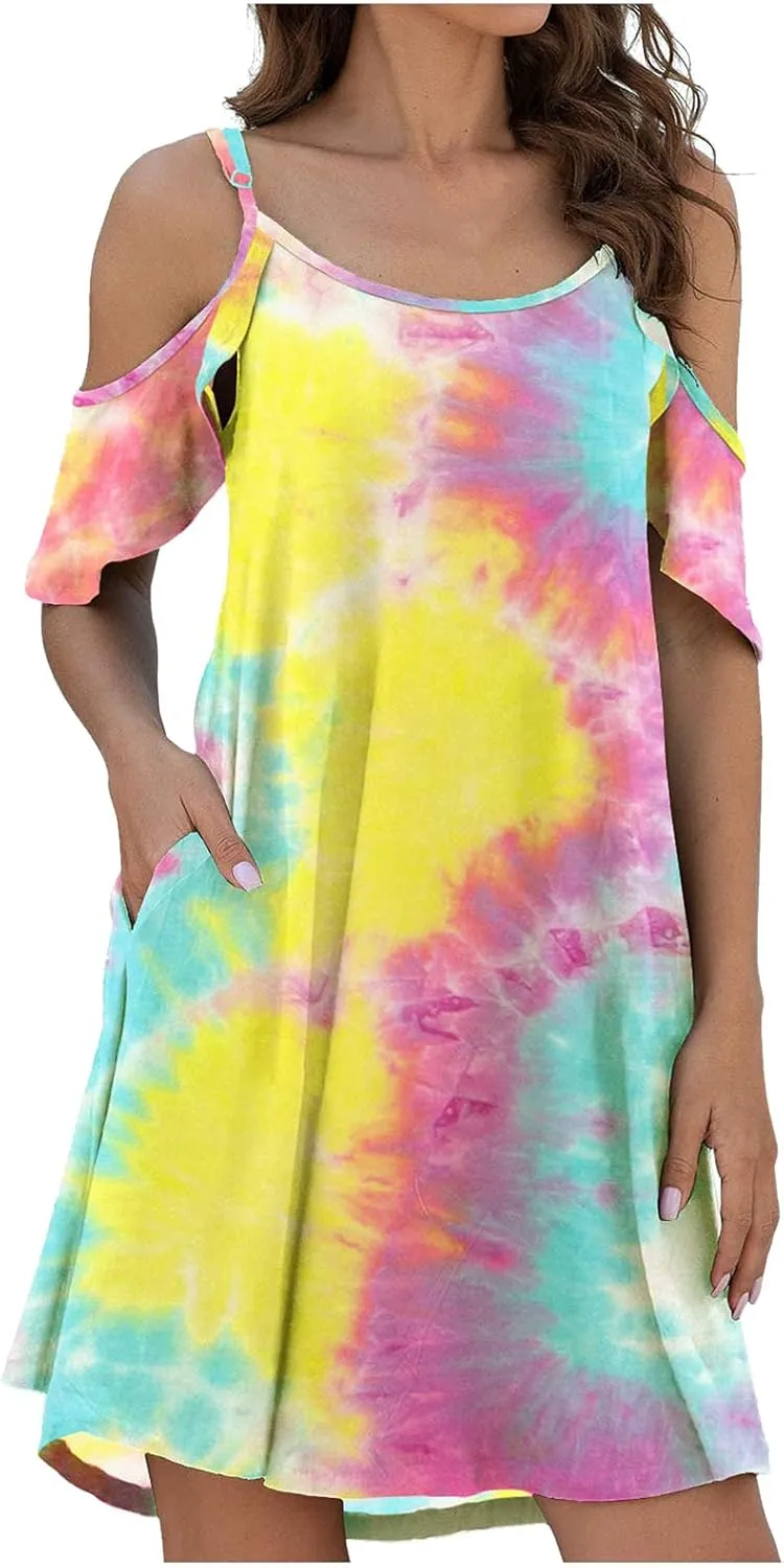 WUAI Women's Summer Casual Spaghetti Strap Sundress Casual Off Shoulder Ruffle Sleeves Shift Loose Mini Dress with Pockets