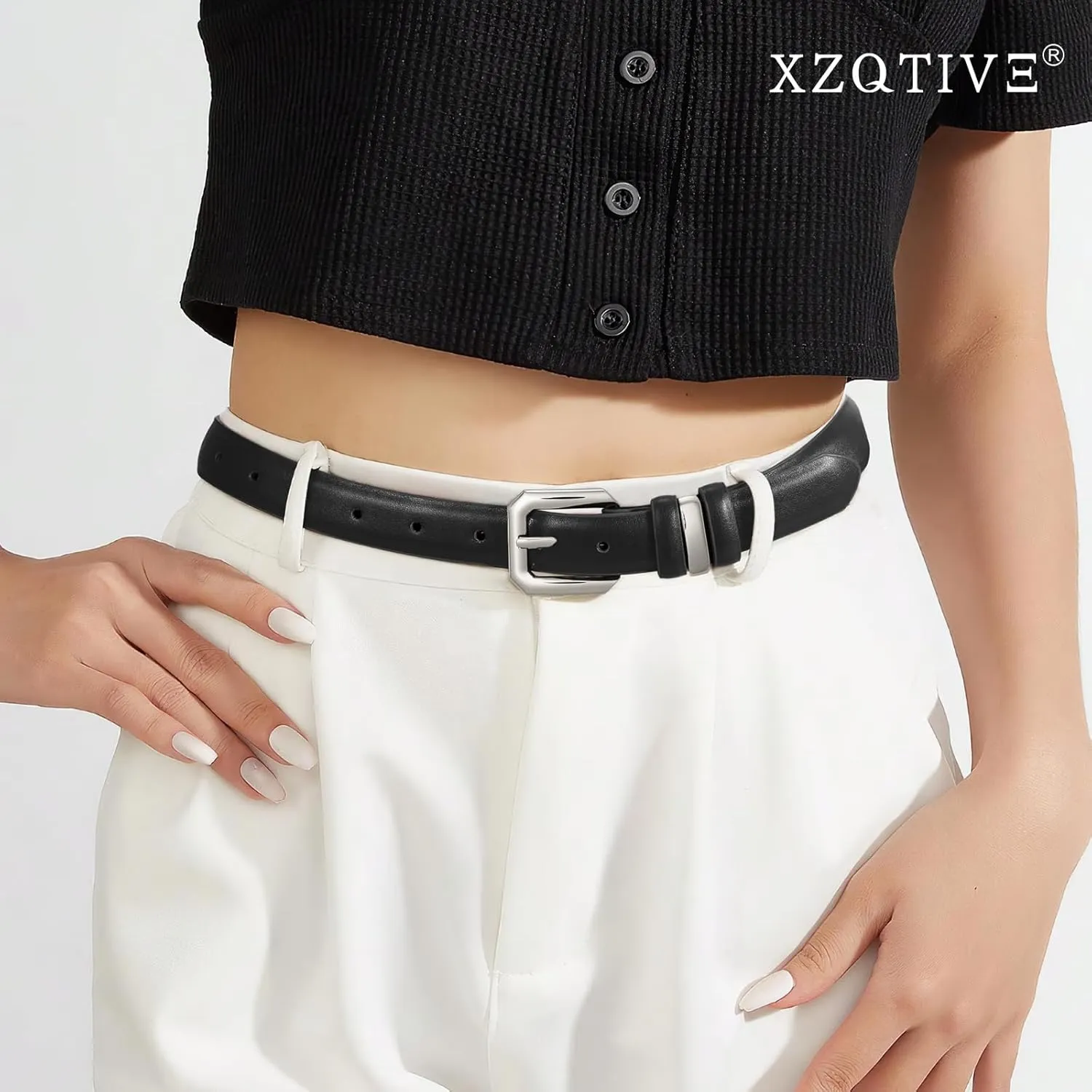 XZQTIVE Women Leather Belt for Jeans Pants Dresses Fashion Ladies Skinny Leather Belt with Silver Buckle