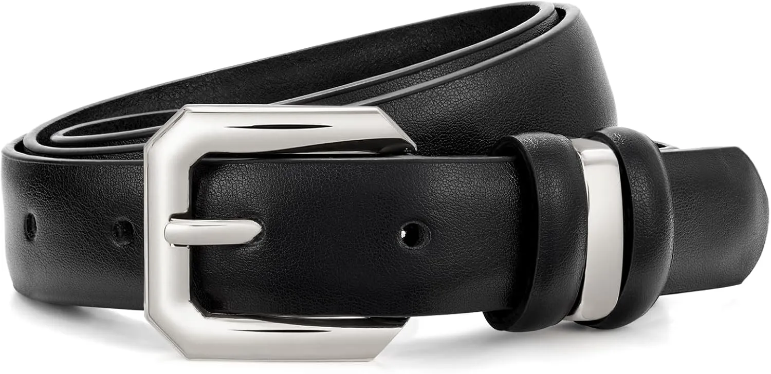 XZQTIVE Women Leather Belt for Jeans Pants Dresses Fashion Ladies Skinny Leather Belt with Silver Buckle