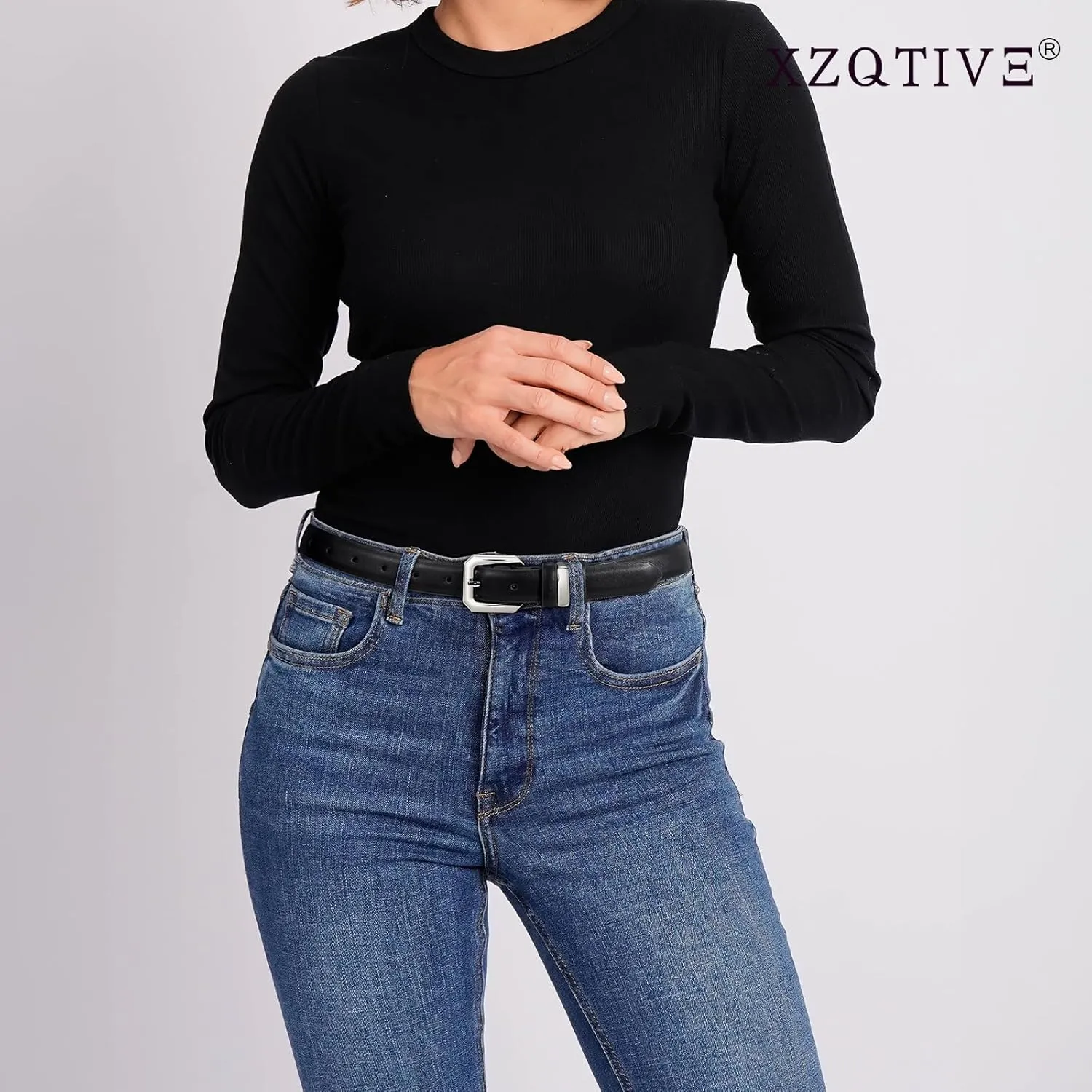 XZQTIVE Women Leather Belt for Jeans Pants Dresses Fashion Ladies Skinny Leather Belt with Silver Buckle
