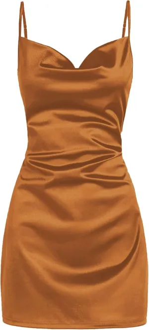 ZAFUL Women's Satin Sleeveless Spaghetti Strap Mini Dress Sexy Slip Cowl Neck Silky Cocktail Party Dresses