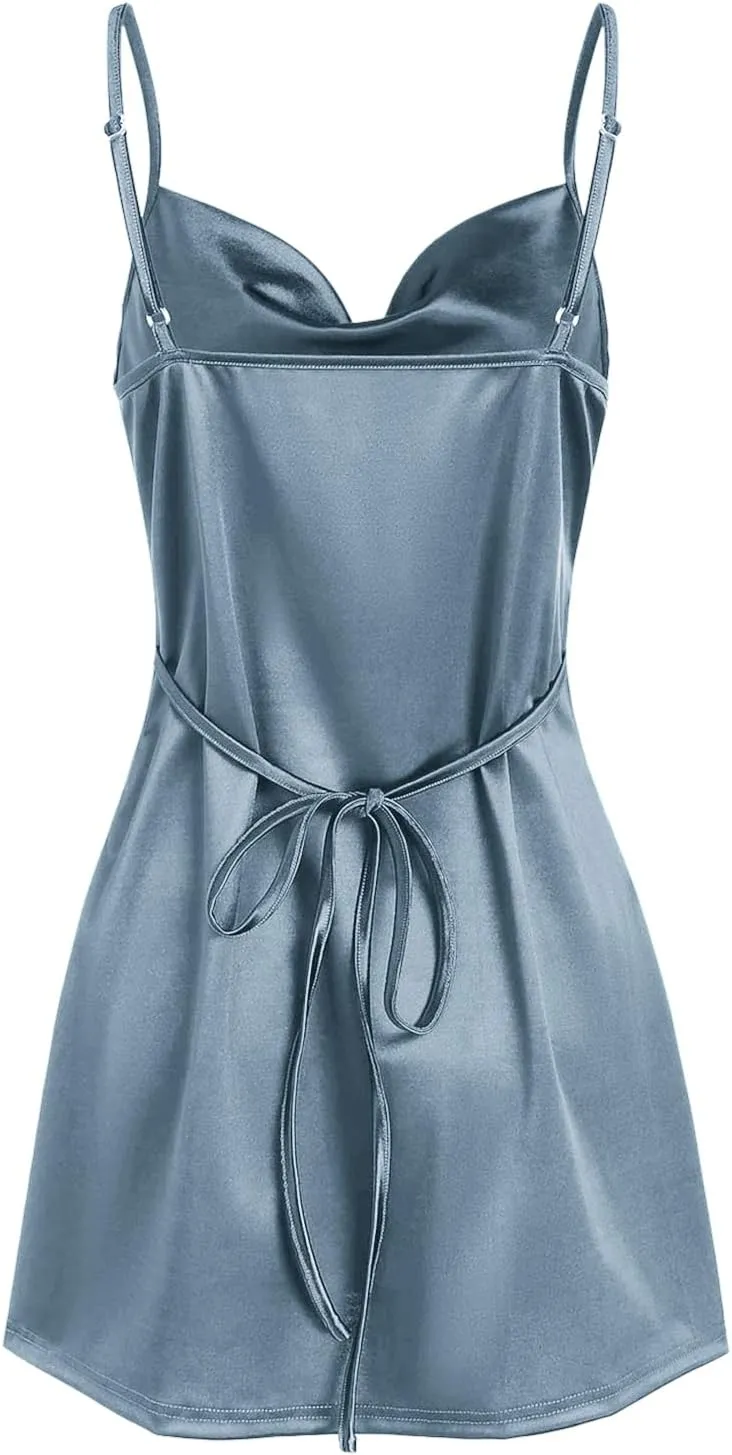 ZAFUL Women's Satin Sleeveless Spaghetti Strap Mini Dress Sexy Slip Cowl Neck Silky Cocktail Party Dresses