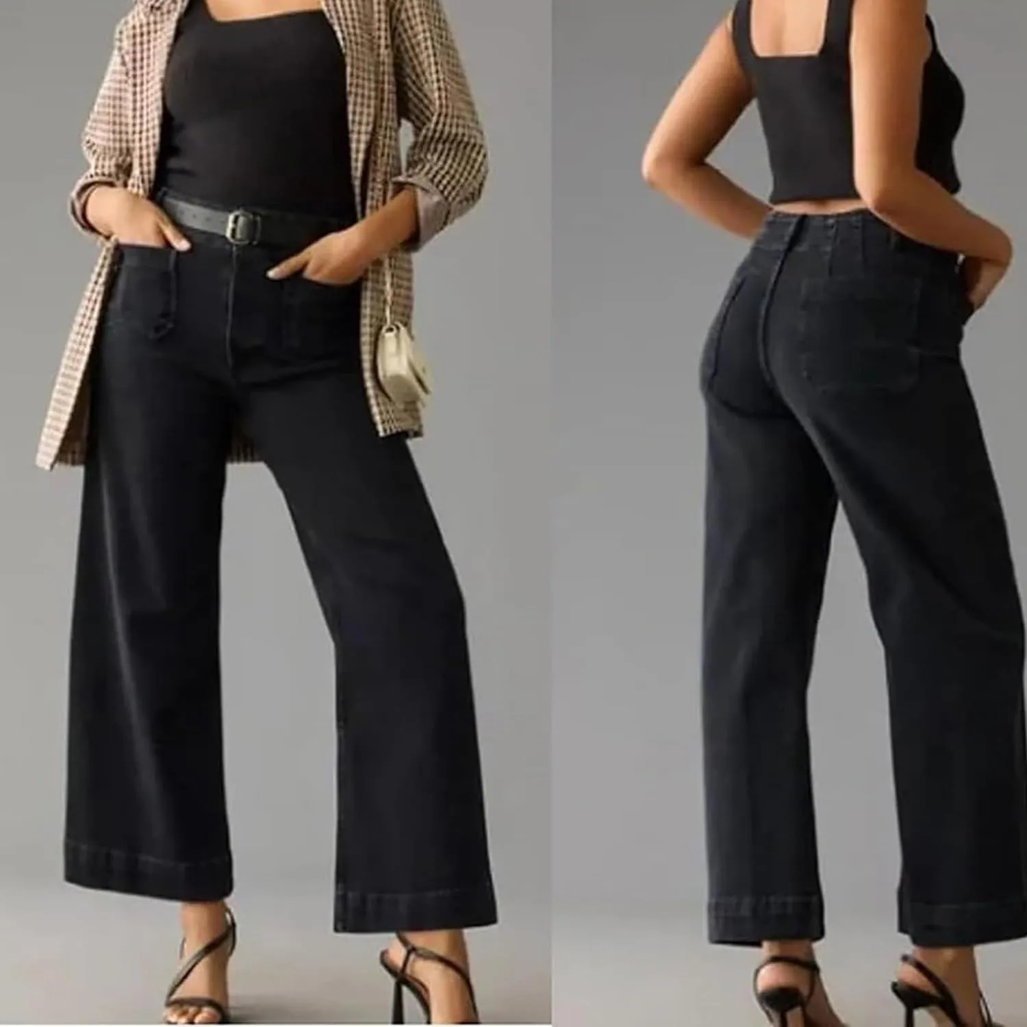 Zelobia Pants, Washed Stretch High Waisted Flared Cropped Wide-Leg Patch Pocket Jeans Tummy Wide Leg Cropped Pants