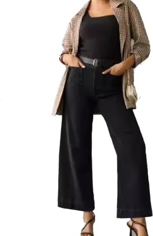Zelobia Pants, Washed Stretch High Waisted Flared Cropped Wide-Leg Patch Pocket Jeans Tummy Wide Leg Cropped Pants