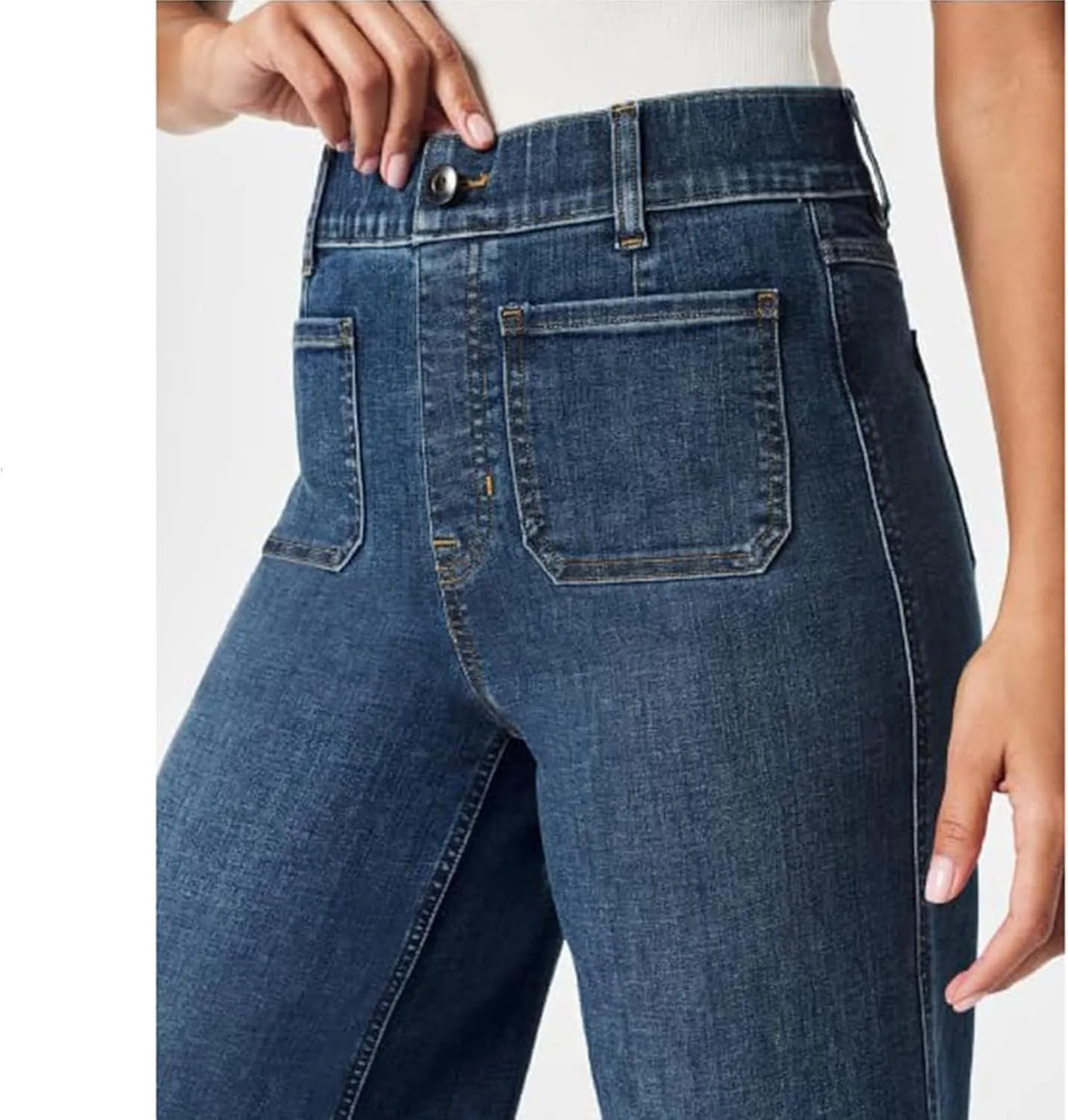 Zelobia Pants, Washed Stretch High Waisted Flared Cropped Wide-Leg Patch Pocket Jeans Tummy Wide Leg Cropped Pants