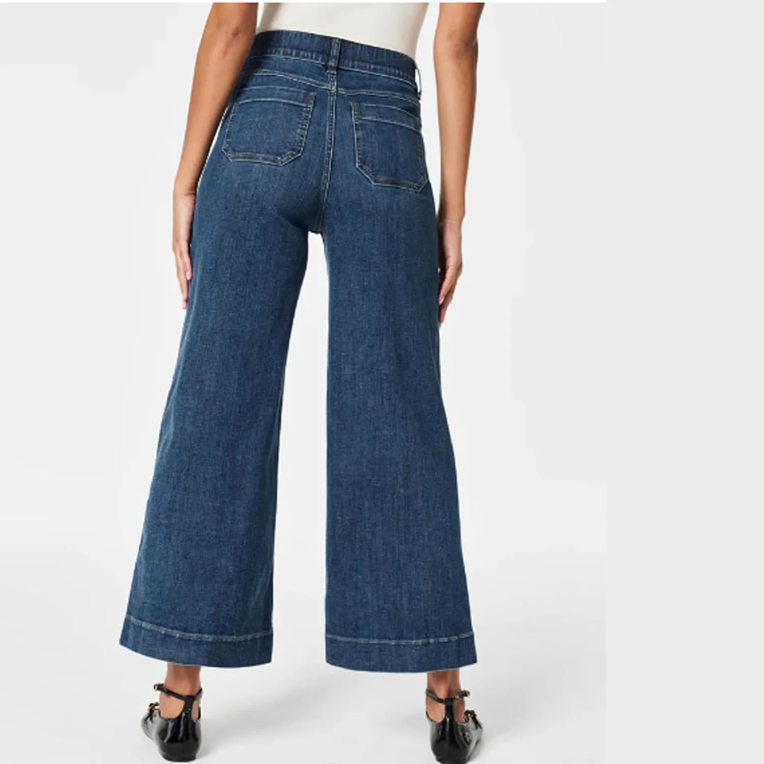 Zelobia Pants, Washed Stretch High Waisted Flared Cropped Wide-Leg Patch Pocket Jeans Tummy Wide Leg Cropped Pants