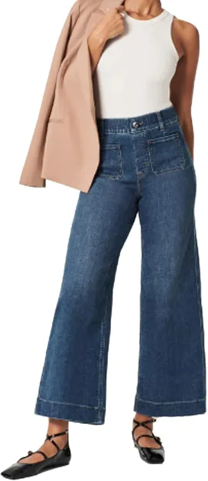 Zelobia Pants, Washed Stretch High Waisted Flared Cropped Wide-Leg Patch Pocket Jeans Tummy Wide Leg Cropped Pants