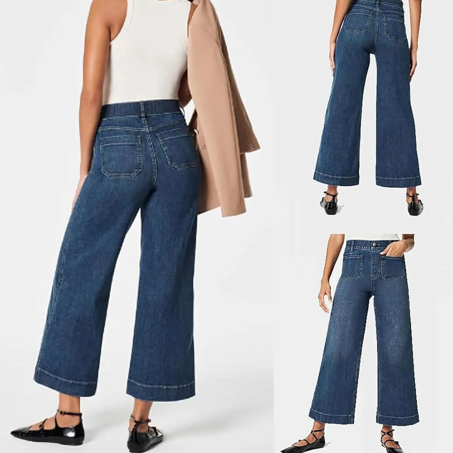 Zelobia Pants, Washed Stretch High Waisted Flared Cropped Wide-Leg Patch Pocket Jeans Tummy Wide Leg Cropped Pants